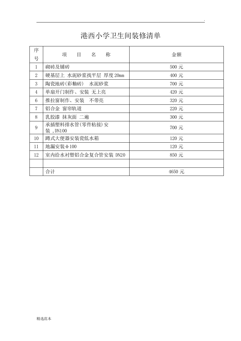 卫生间装修清单