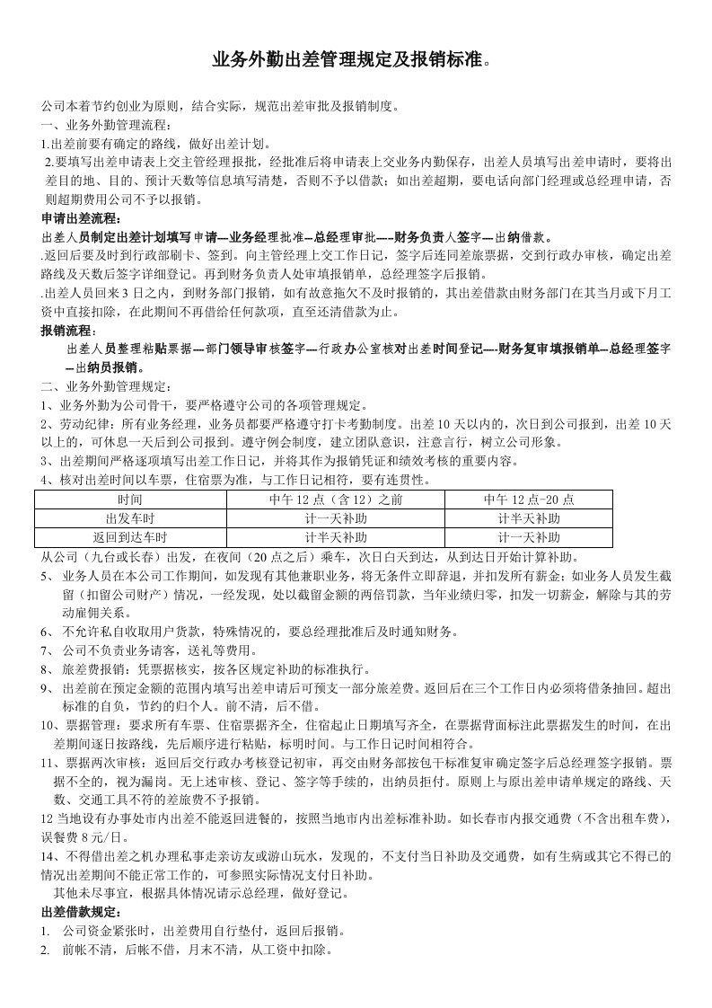 业务外勤管理规定及报销标准