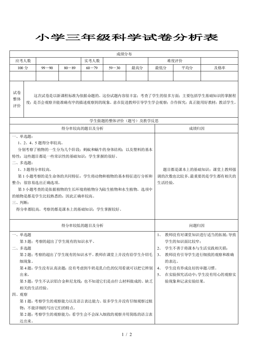 小学三年级科学试卷分析表