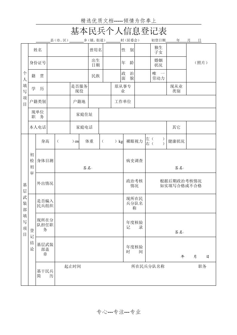 基本民兵个人信息登记表(共1页)