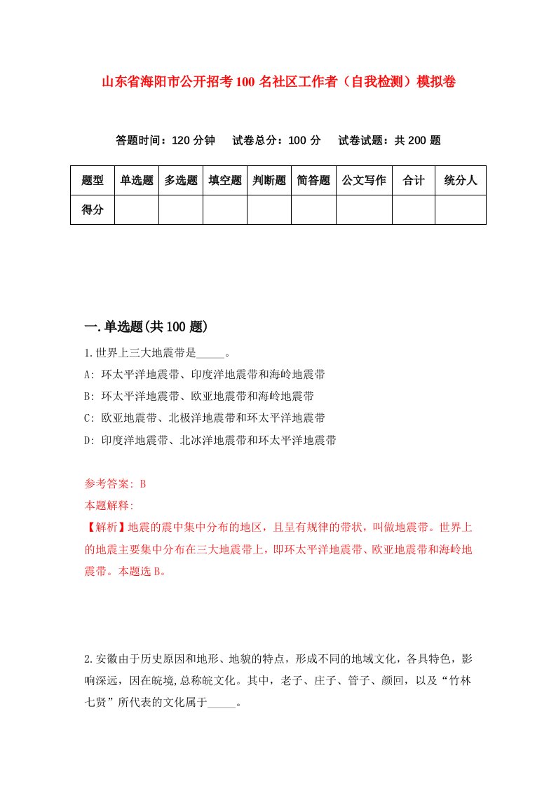 山东省海阳市公开招考100名社区工作者自我检测模拟卷第7次