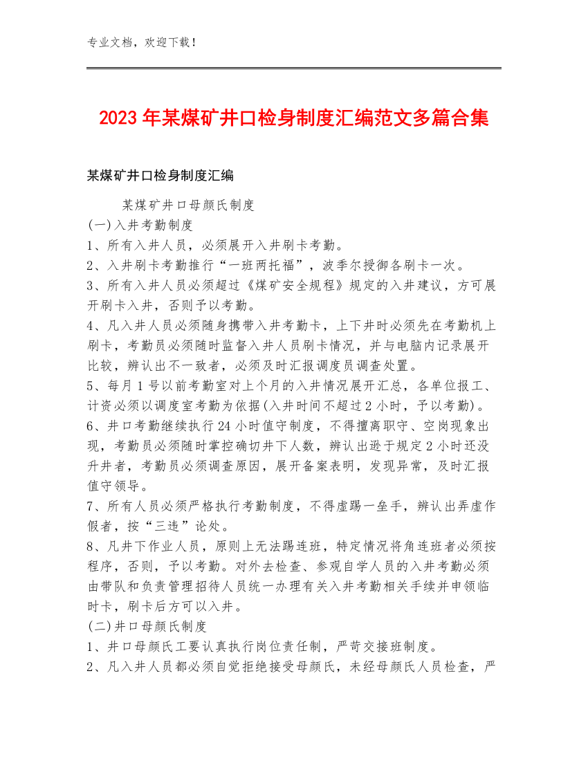 2023年某煤矿井口检身制度汇编范文多篇合集