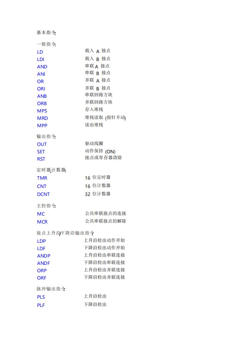 台达PLC基本指令简易表