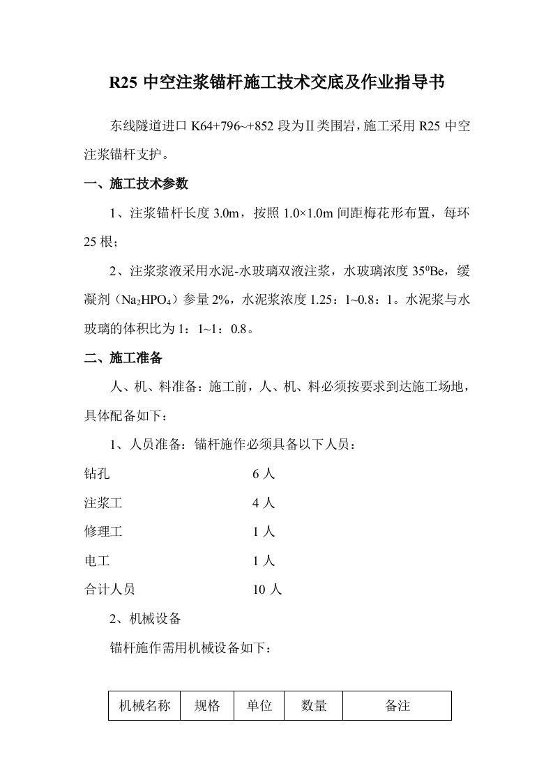 R25中空注浆锚杆作业指导参数