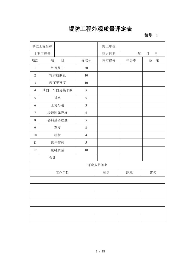 堤防加固工程质量评定表