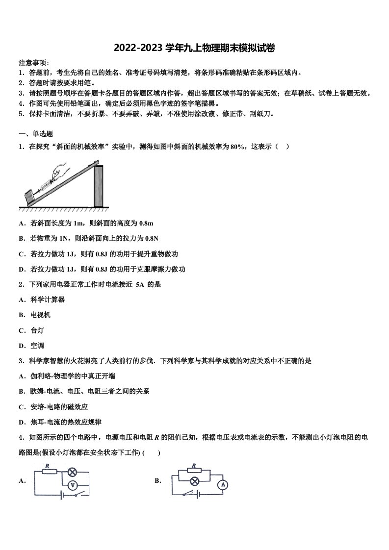 2022-2023学年湖南省岳阳市君山区九年级物理第一学期期末检测模拟试题含解析