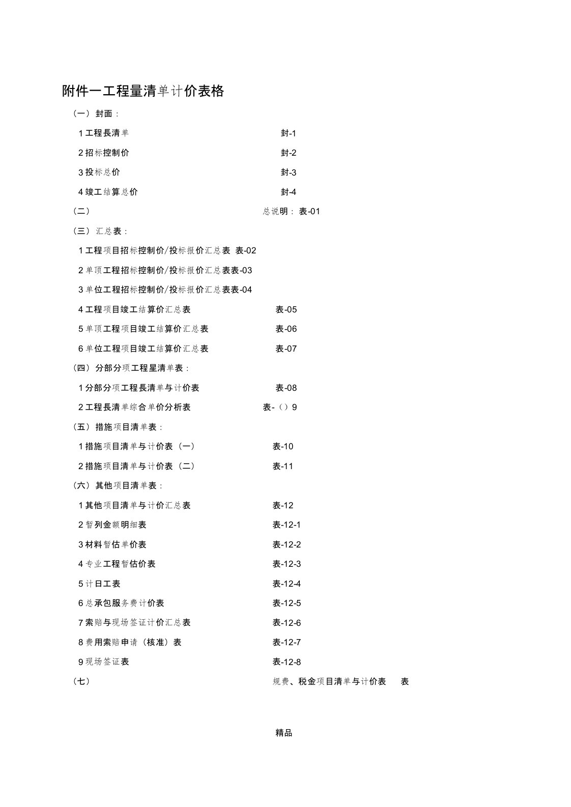 工程量清单计价全套表格(空白)