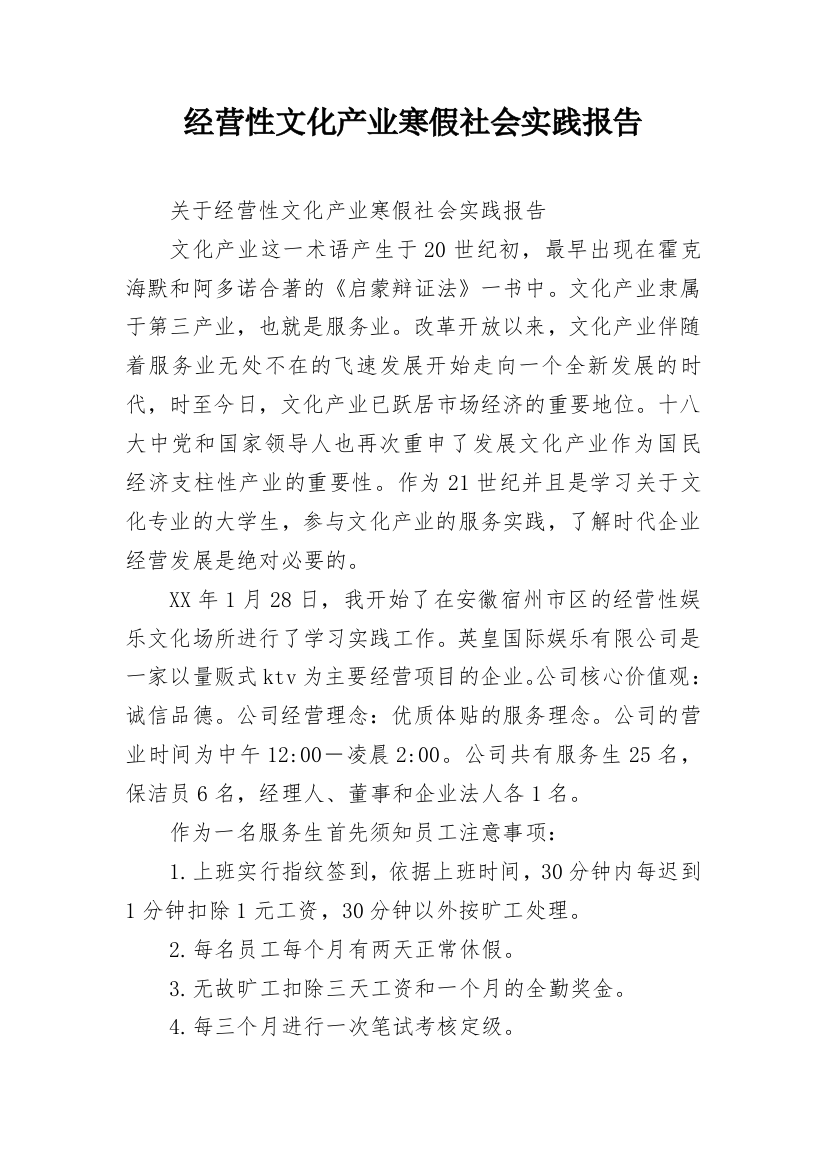 经营性文化产业寒假社会实践报告