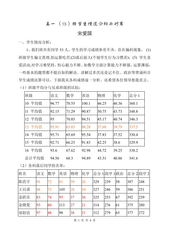 高一(13)班级情况分析及对策