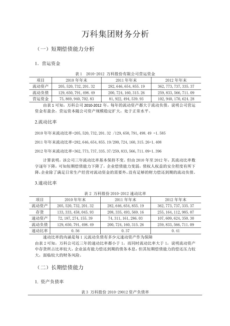 万科集团财务分析报告