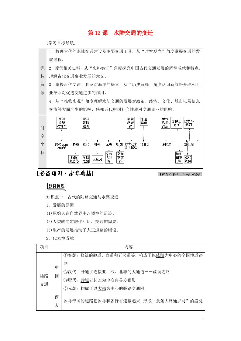 2021_2022学年新教材高中历史第5单元交通与社会变迁第12课水陆交通的变迁学案部编版选择性必修2