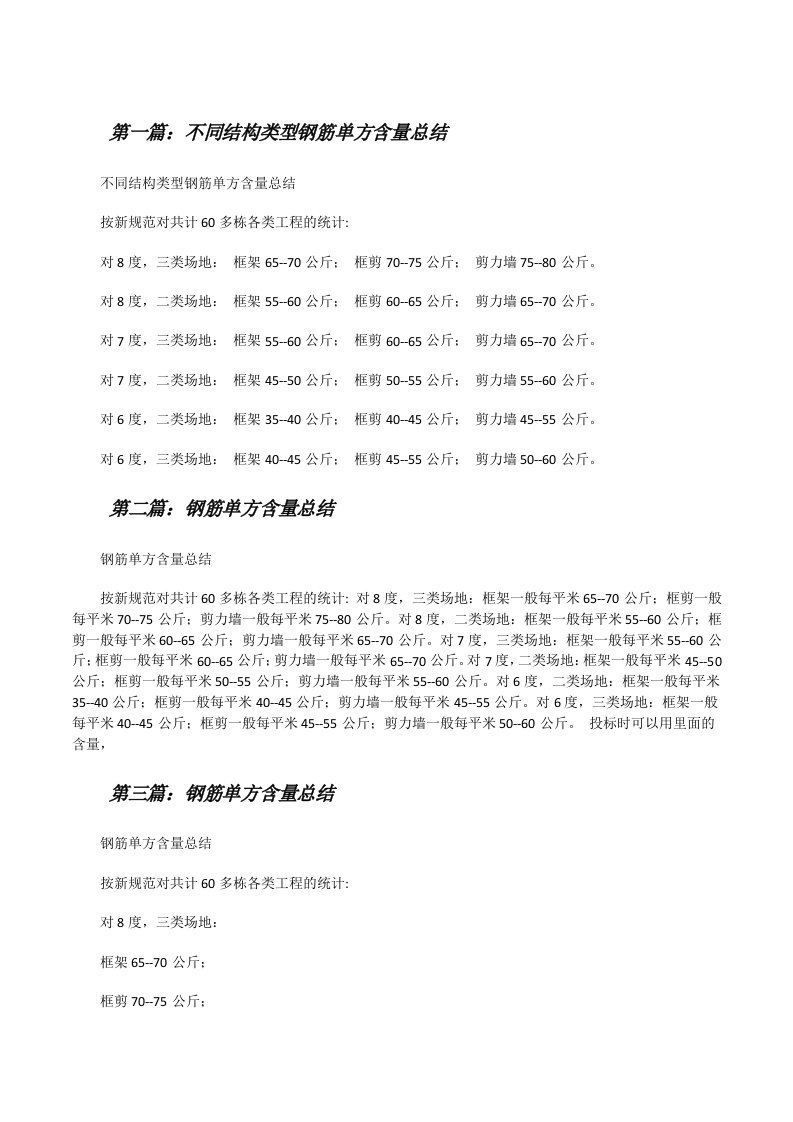 不同结构类型钢筋单方含量总结[修改版]