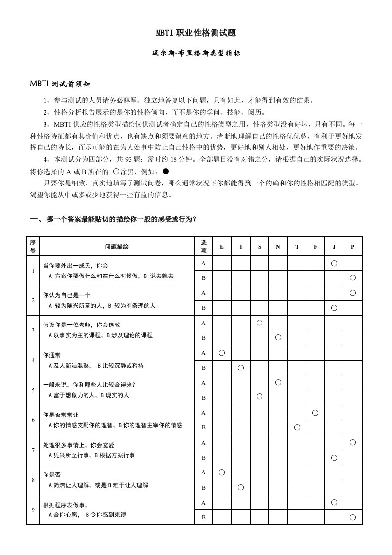 mbti职业性格测试题最完整版有答案