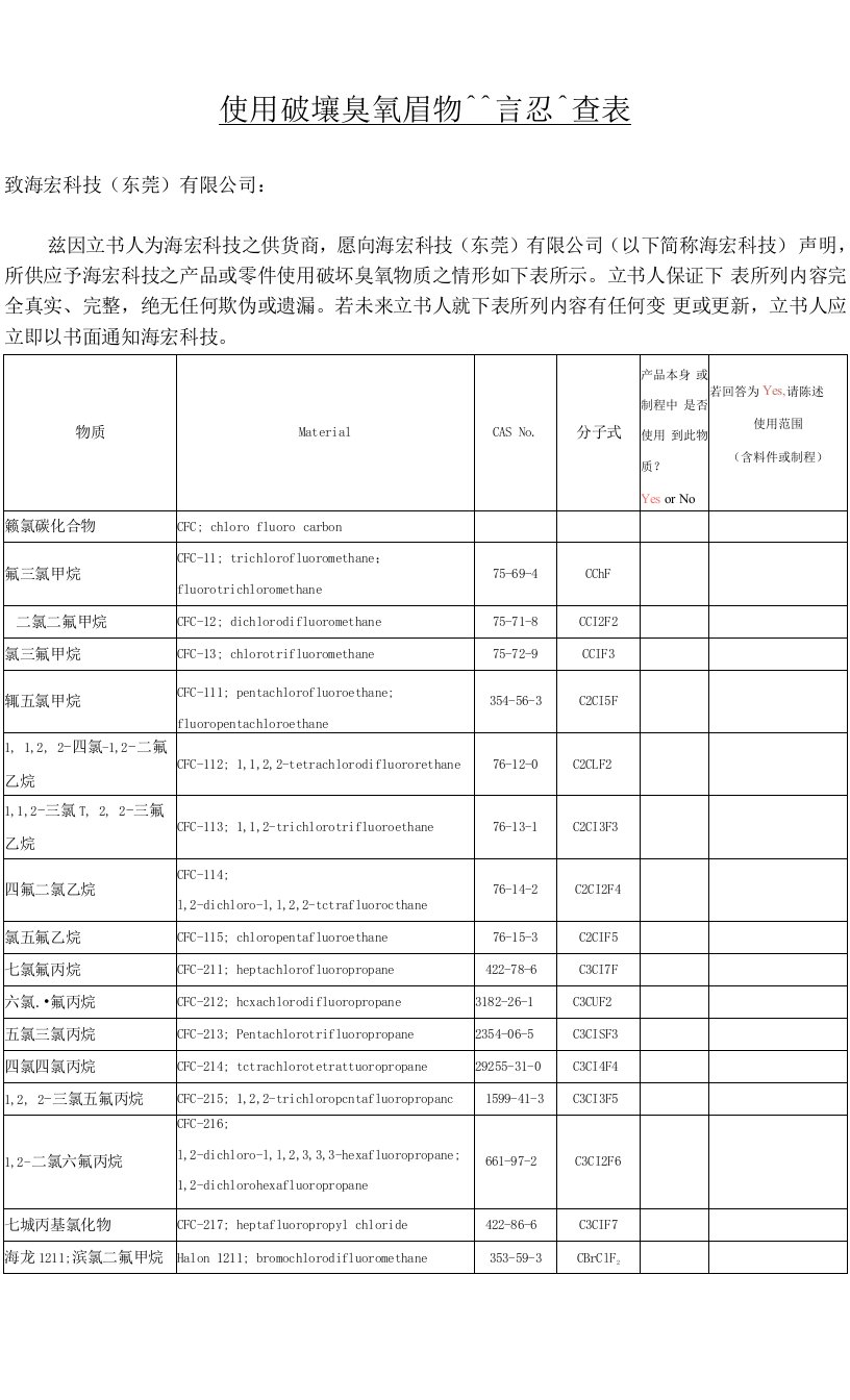 使用破壞臭氧層物質確認調查表