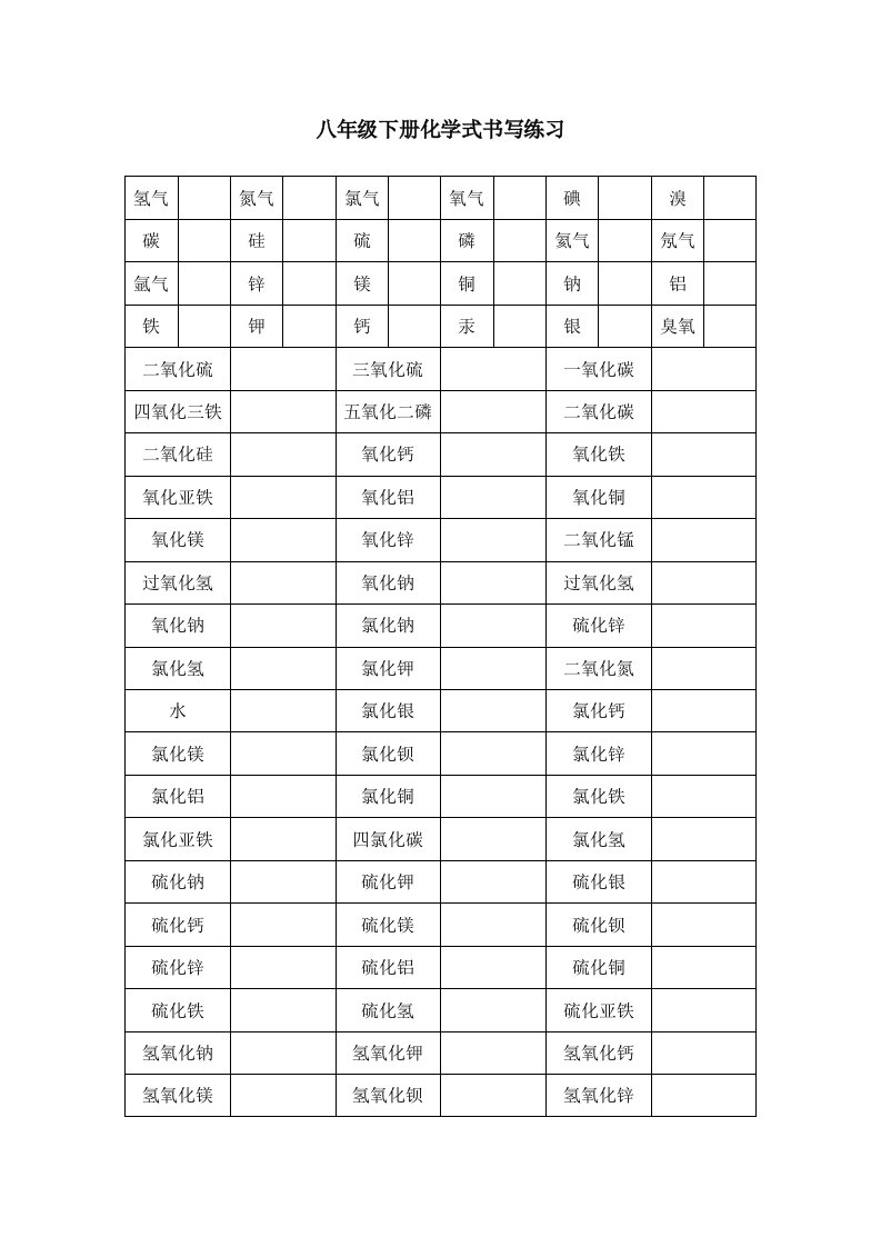 八年级下册化学式书写练习