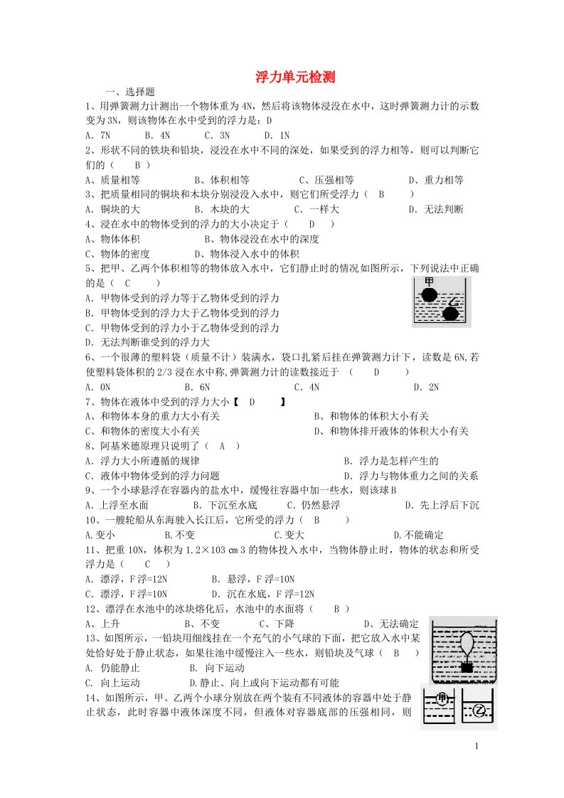 2023八年级物理下册第十章浮力单元综合检测新版新人教版