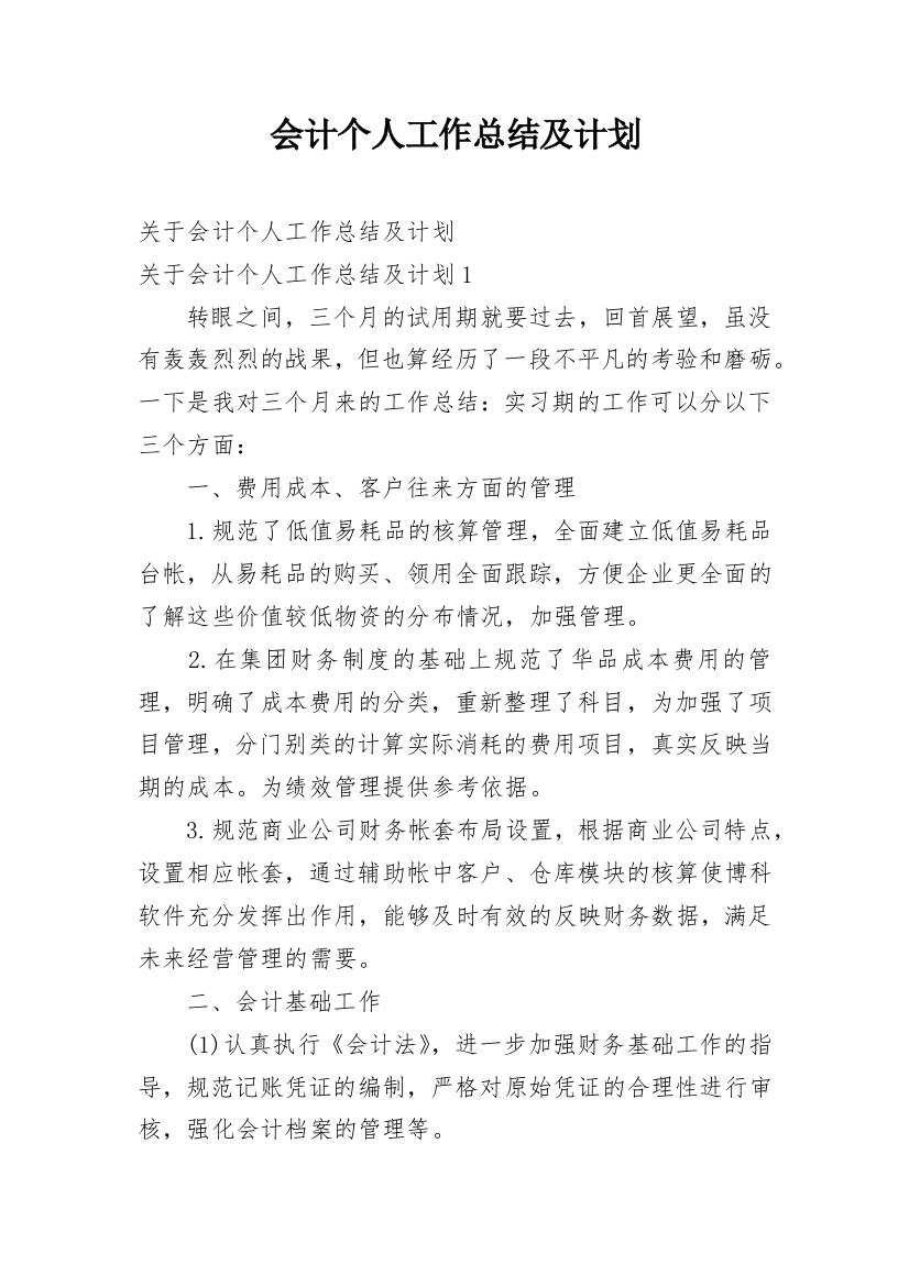 会计个人工作总结及计划