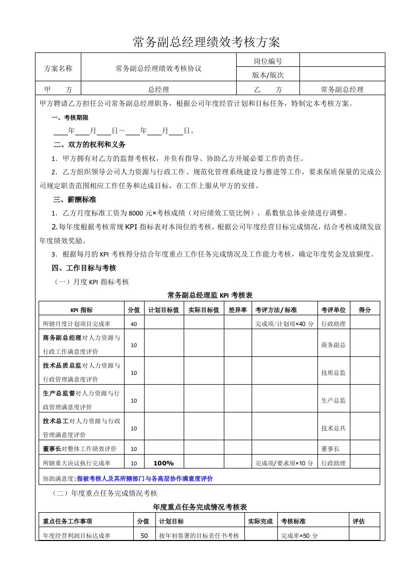 常务副总经理绩效考核方案