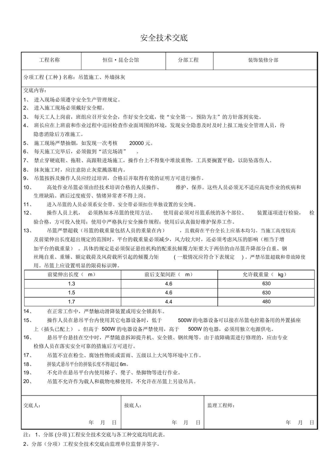 吊篮外墙抹灰安全技术交底