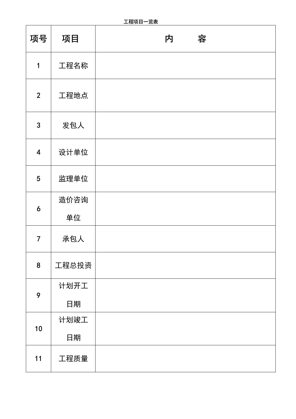 工程项目一览表样本