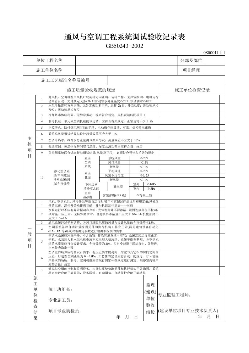 建筑工程-通风与空调工程系统调试验收记录表