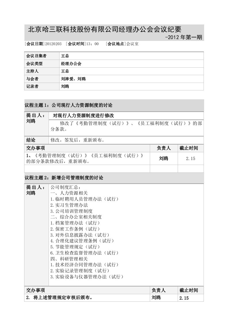 经理办公会会议记录模板