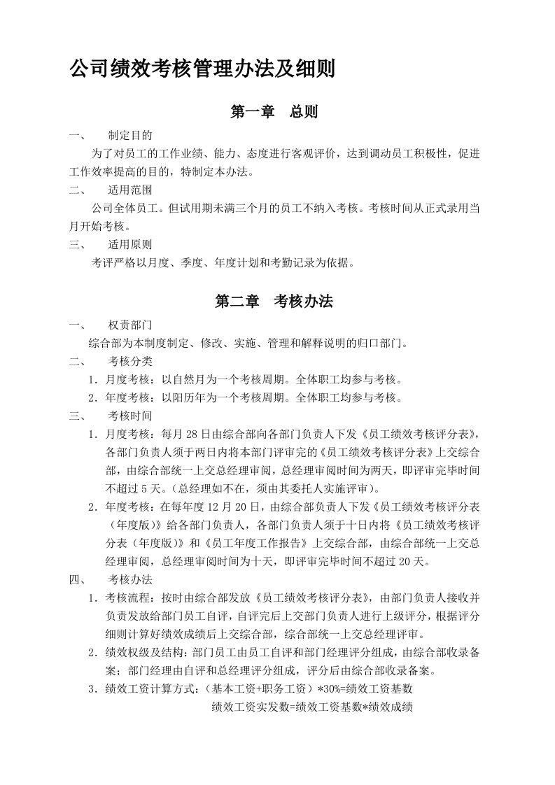 公司绩效考核管理办法及细则