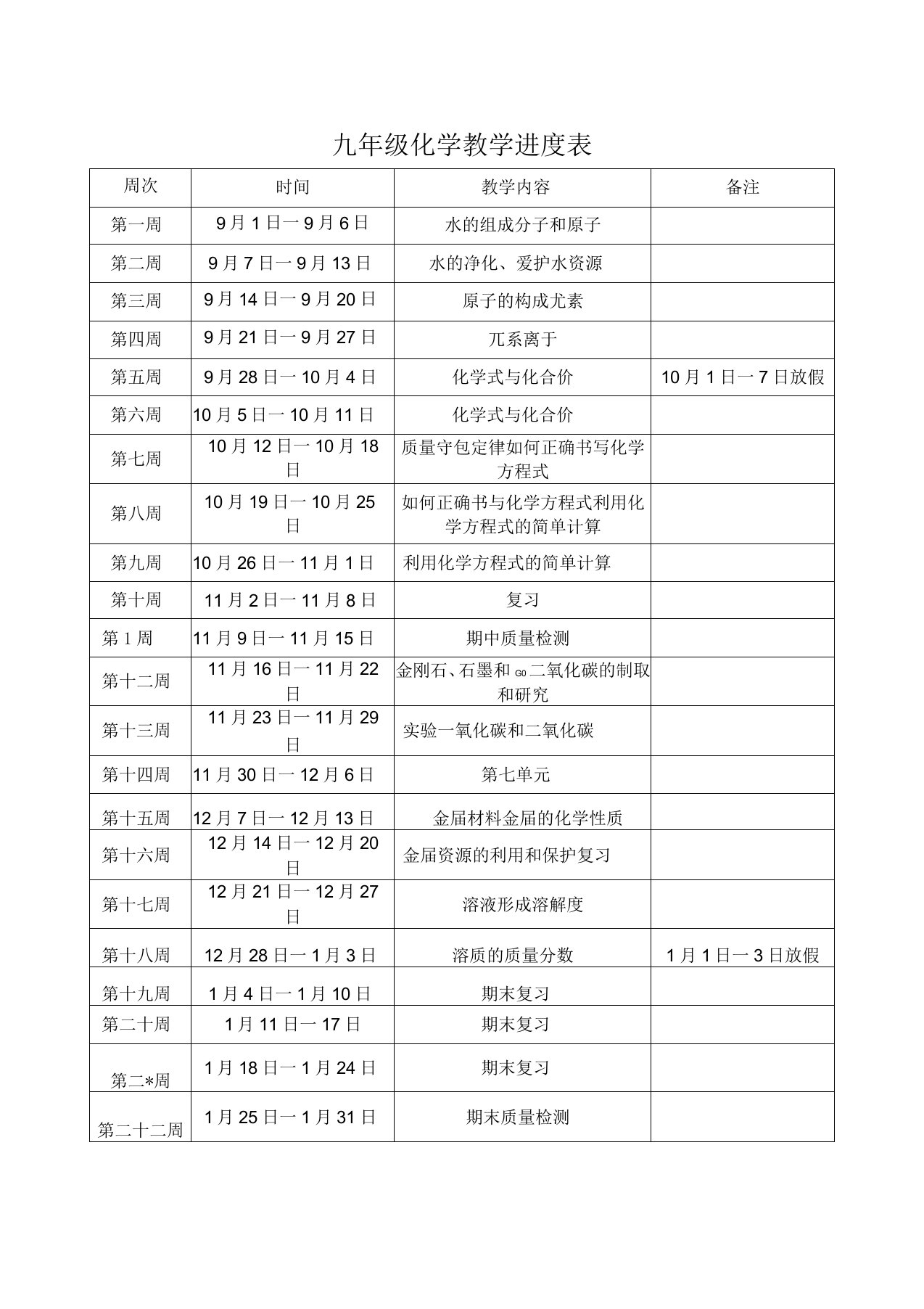 九年级化学教学进度表