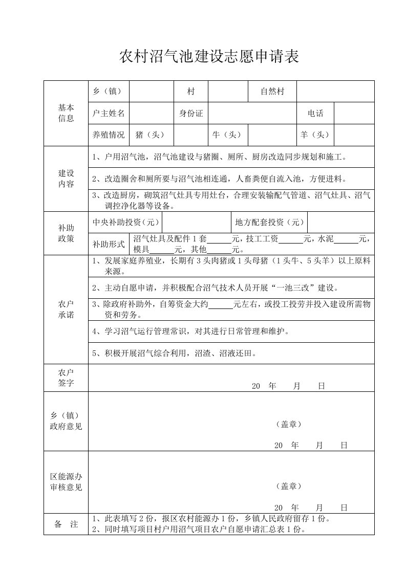 农村户用沼气池建设申请表