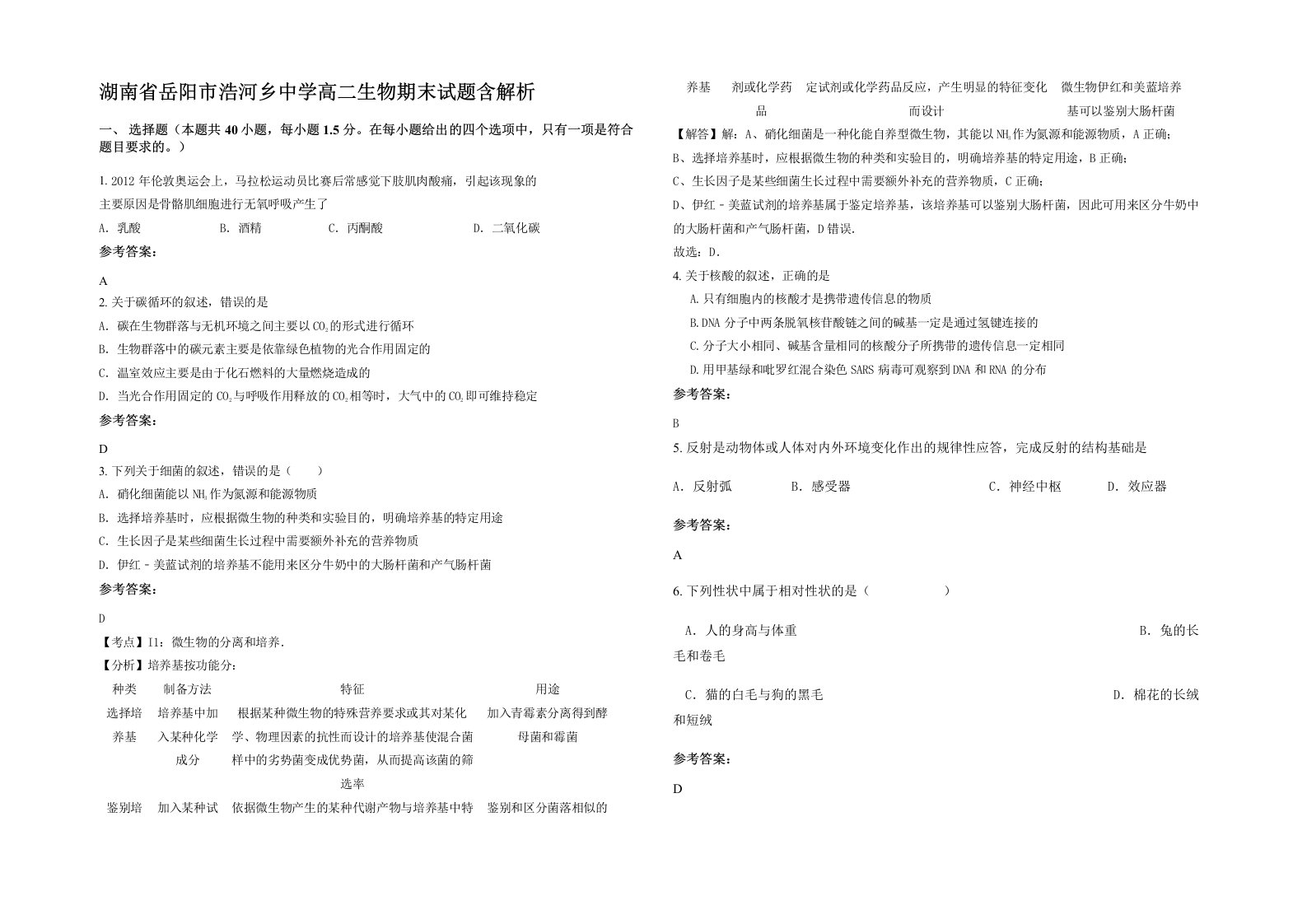 湖南省岳阳市浩河乡中学高二生物期末试题含解析