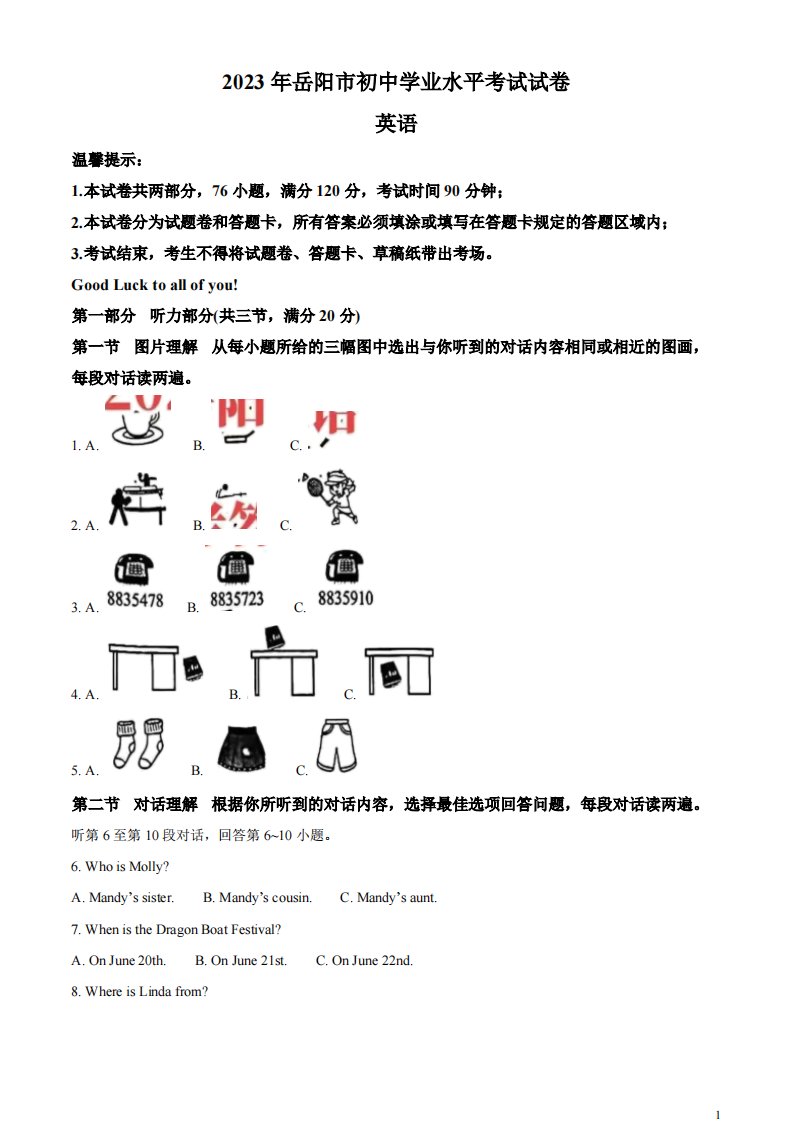 精品解析：2023年湖南省岳阳市中考英语真题（原卷版）