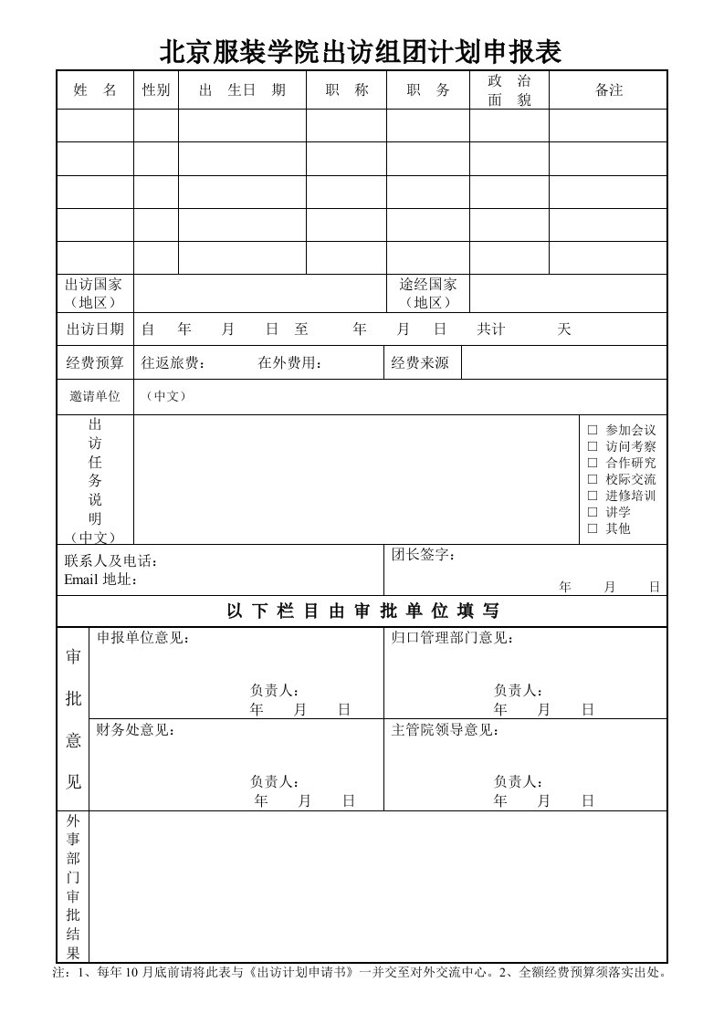 北京服装学院出访组团计划申报表