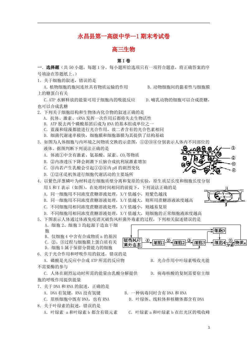 甘肃省永昌县第一中学高三生物上学期期末考试试题