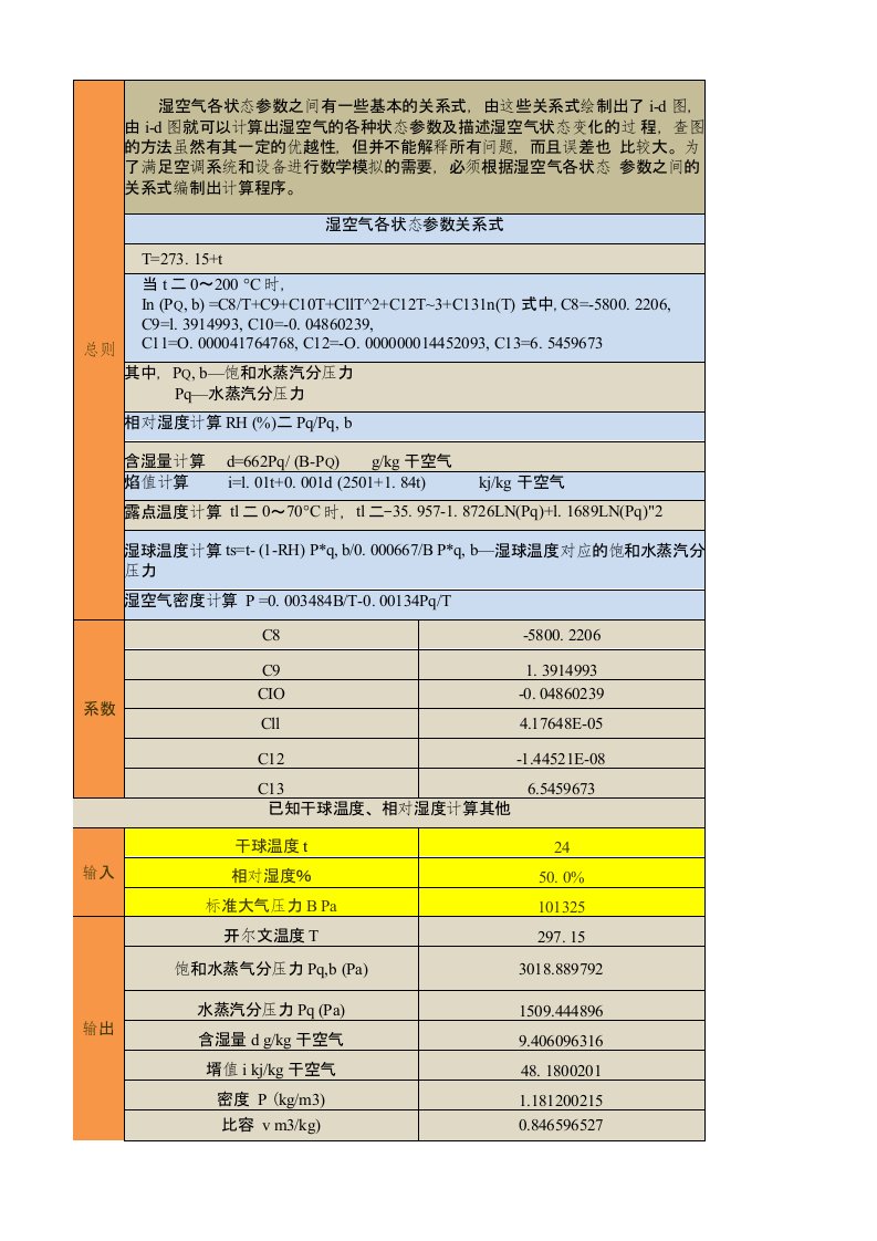 湿空气参数计算表(内含公式)