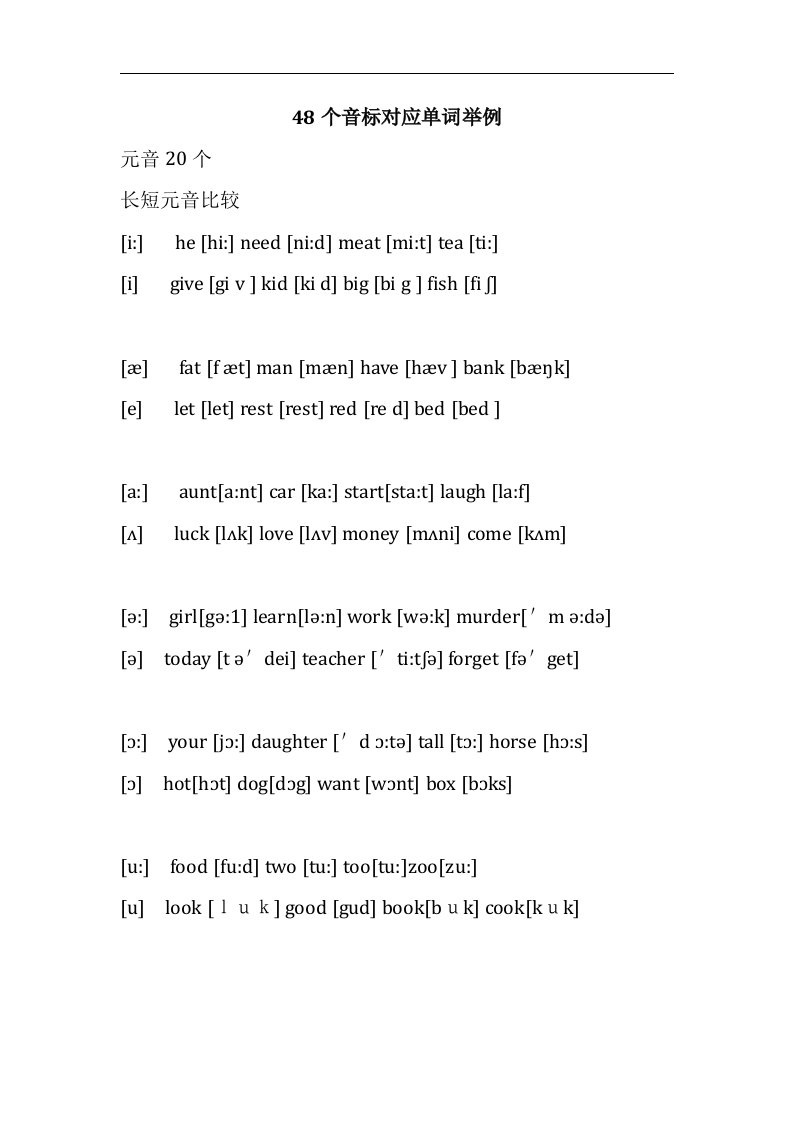 48个音标对应单词举例