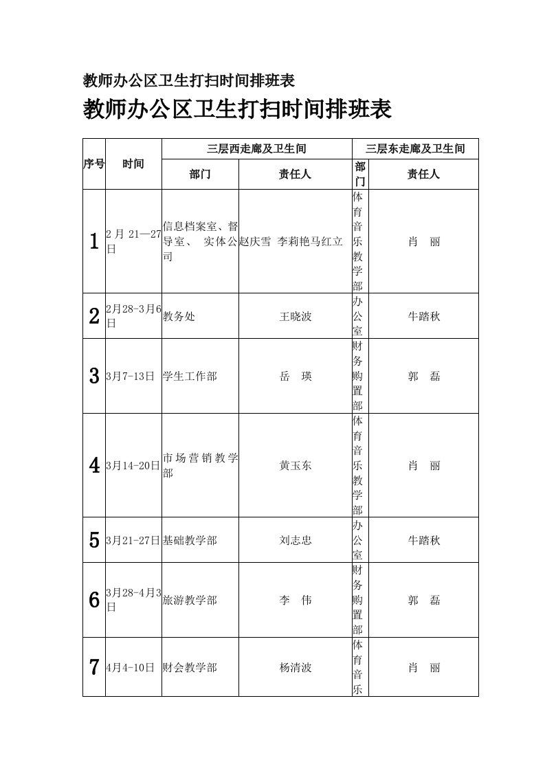 教师办公区卫生打扫时间排班表