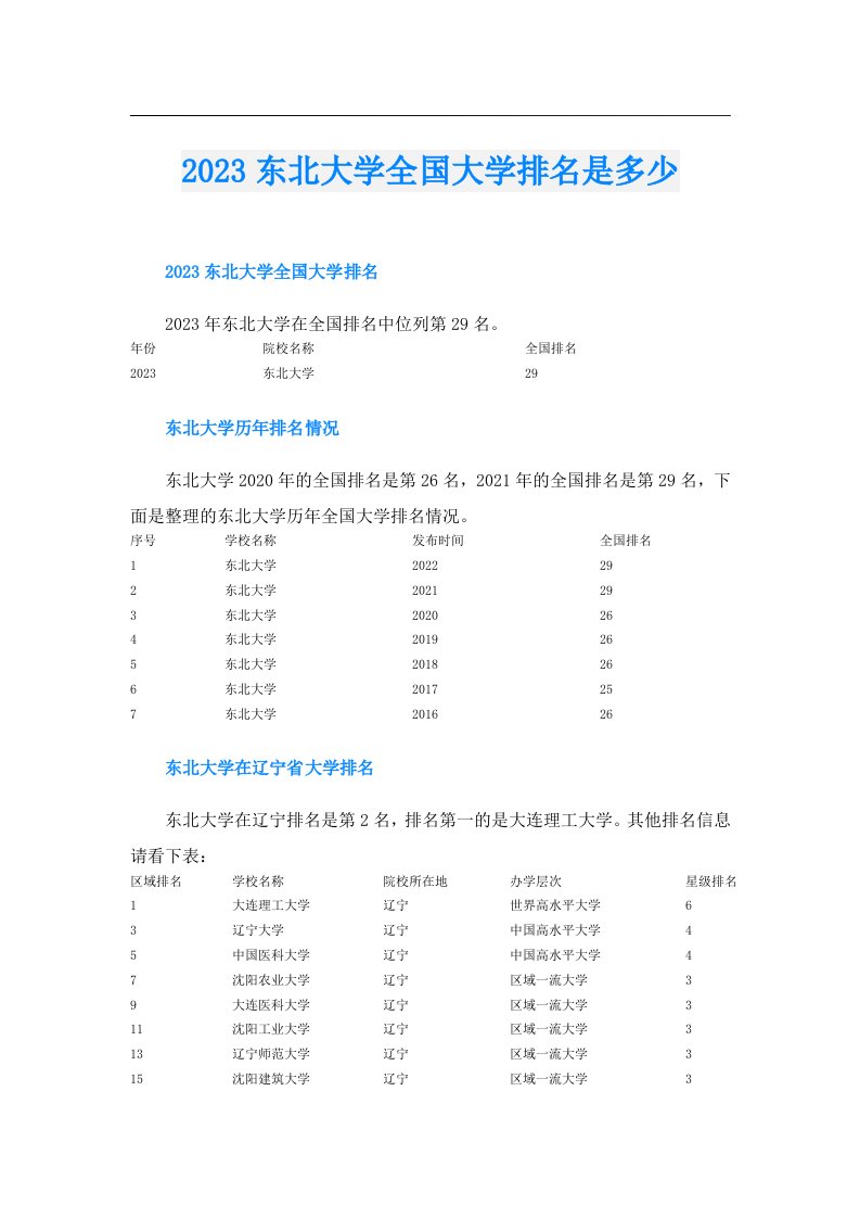 东北大学全国大学排名是多少