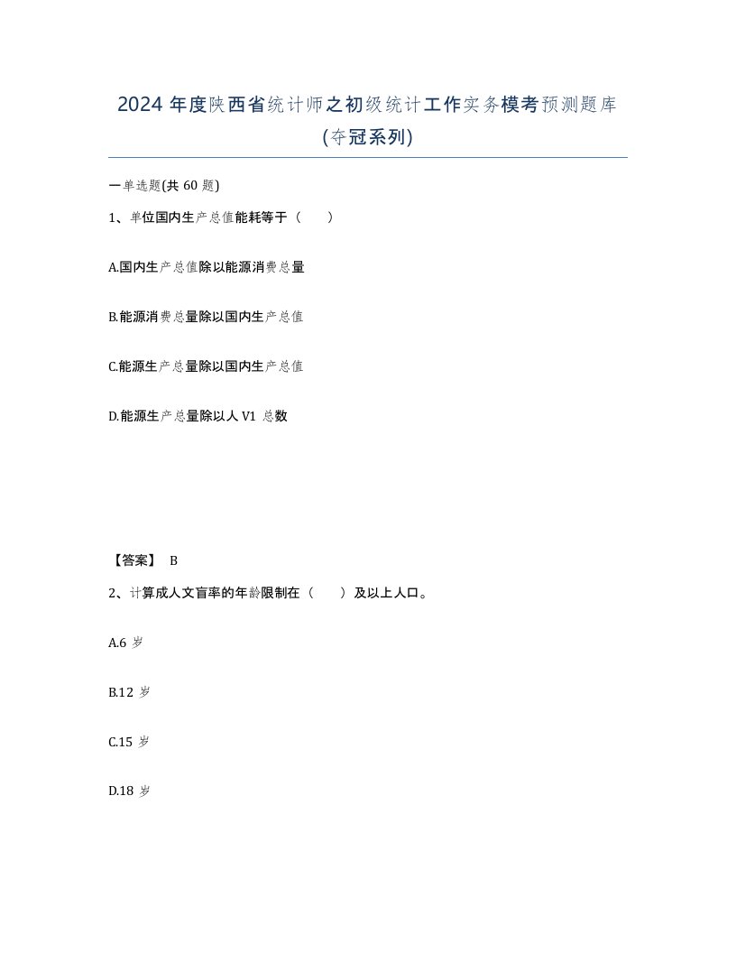 2024年度陕西省统计师之初级统计工作实务模考预测题库夺冠系列