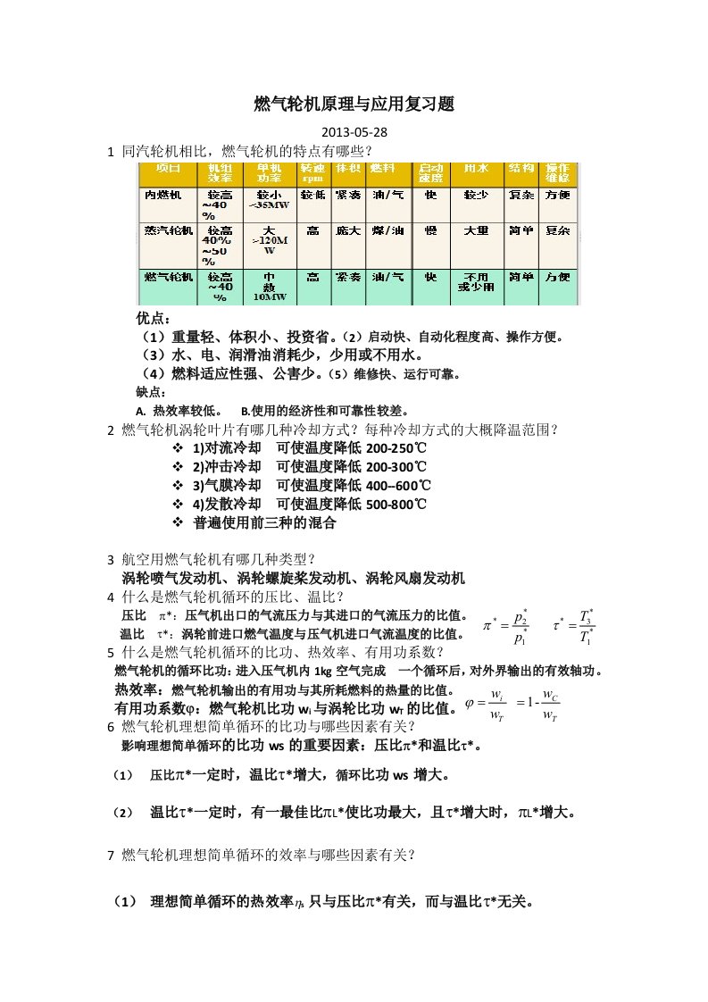 燃气轮机原理与应用复习题50及答案