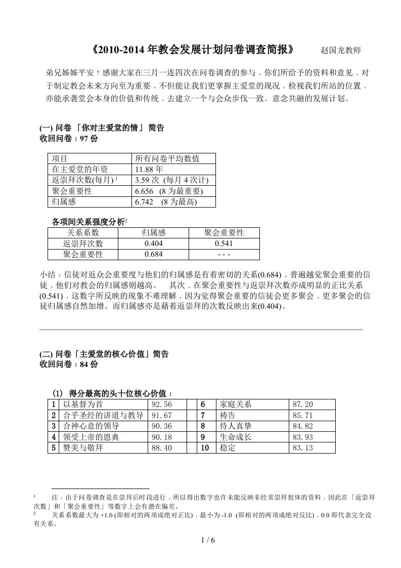 教会发展计划问卷调查简报