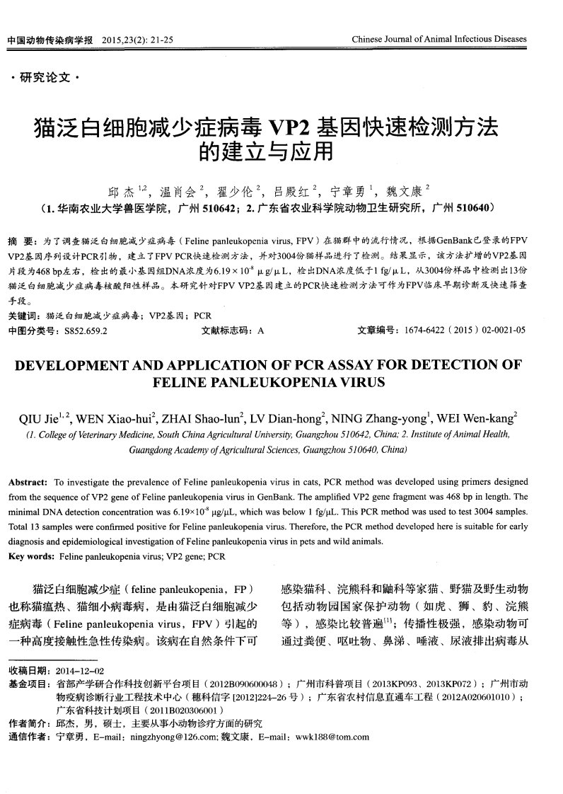 猫泛白细胞减少症病毒vp2基因快速检测方法的建立与应用