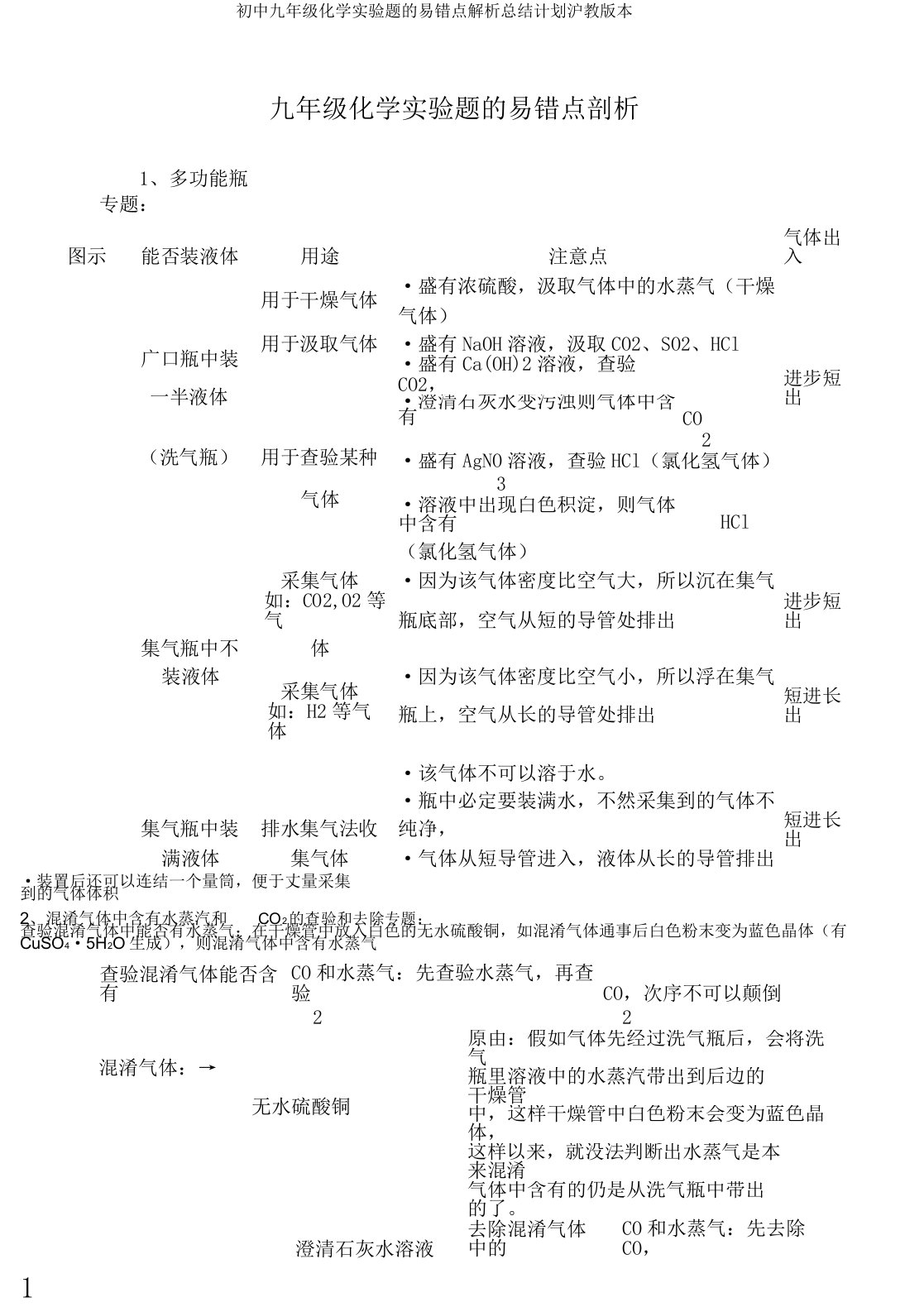 初中九年级化学实验题的易错点解析总结计划沪教版本