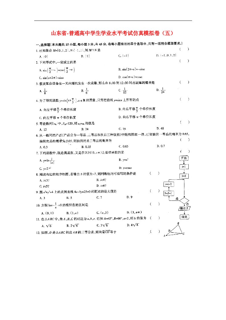 山东省高二数学学业水平考试模拟试题五（扫描版）