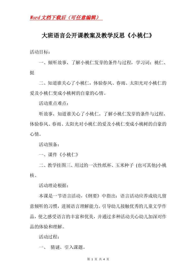 大班语言公开课教案及教学反思小桃仁