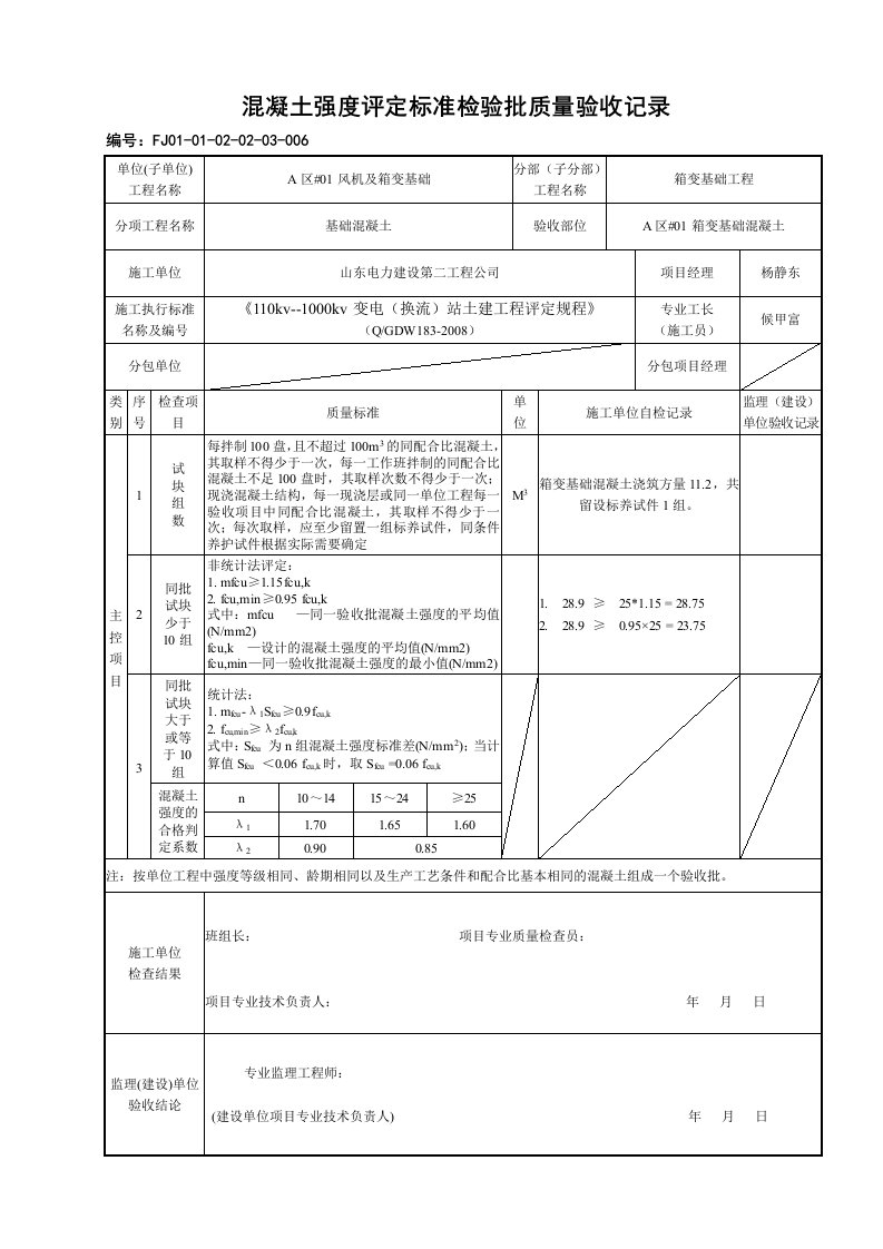 箱变基础混凝土强度评定标准检验批质量验收记录