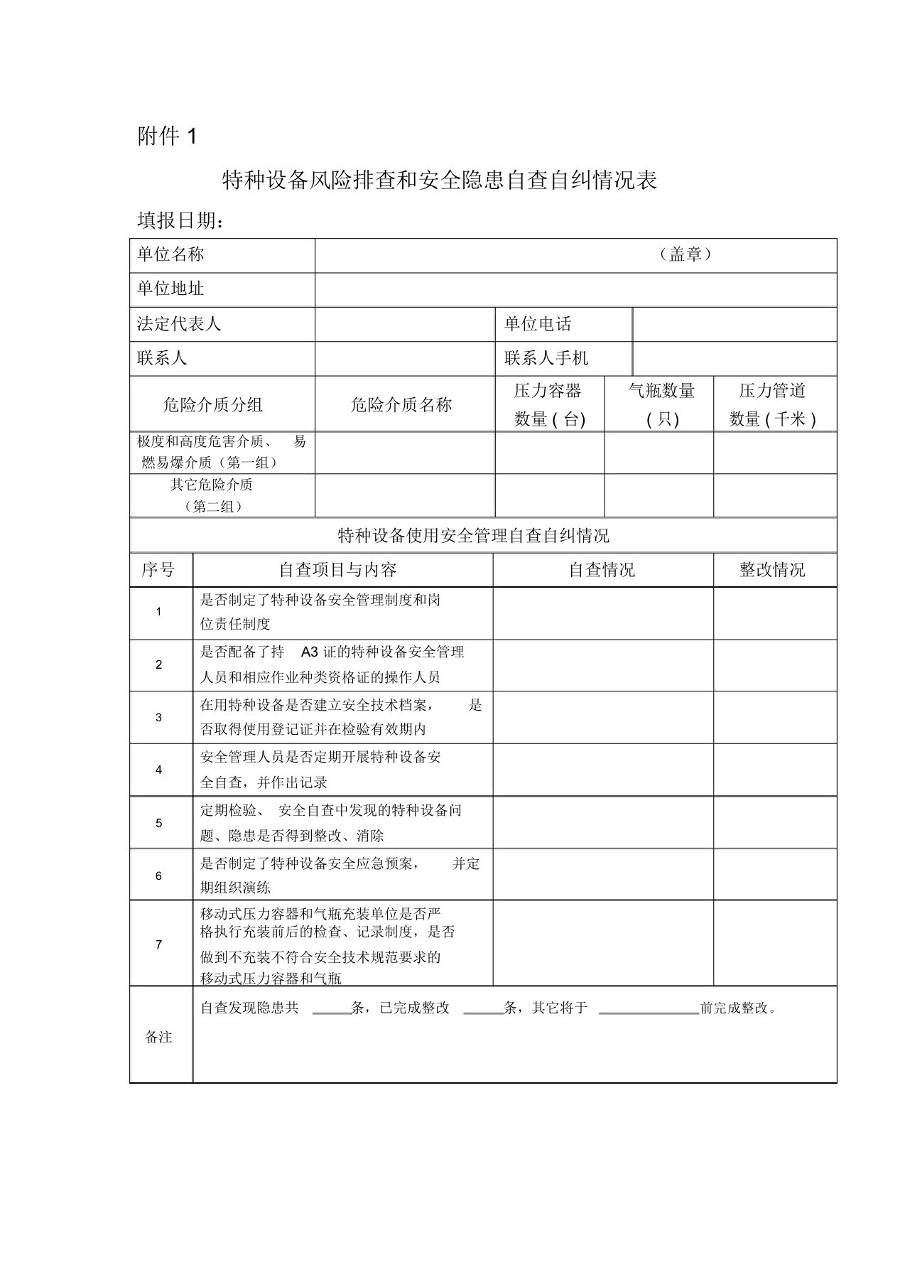 特种设备风险排查和安全隐患自查自纠情况表