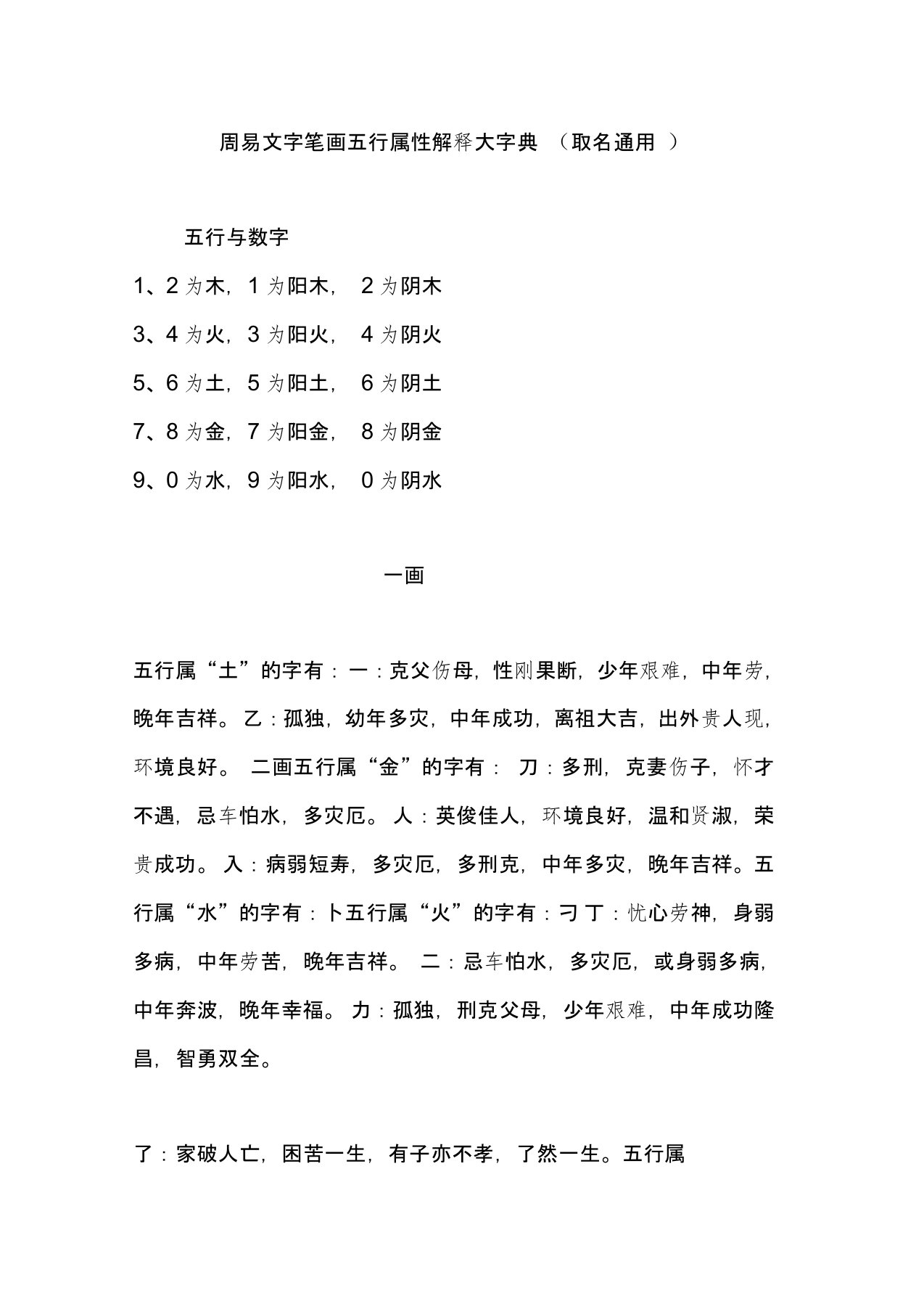 周易文字笔画五行属性解释大字典(取名通用)