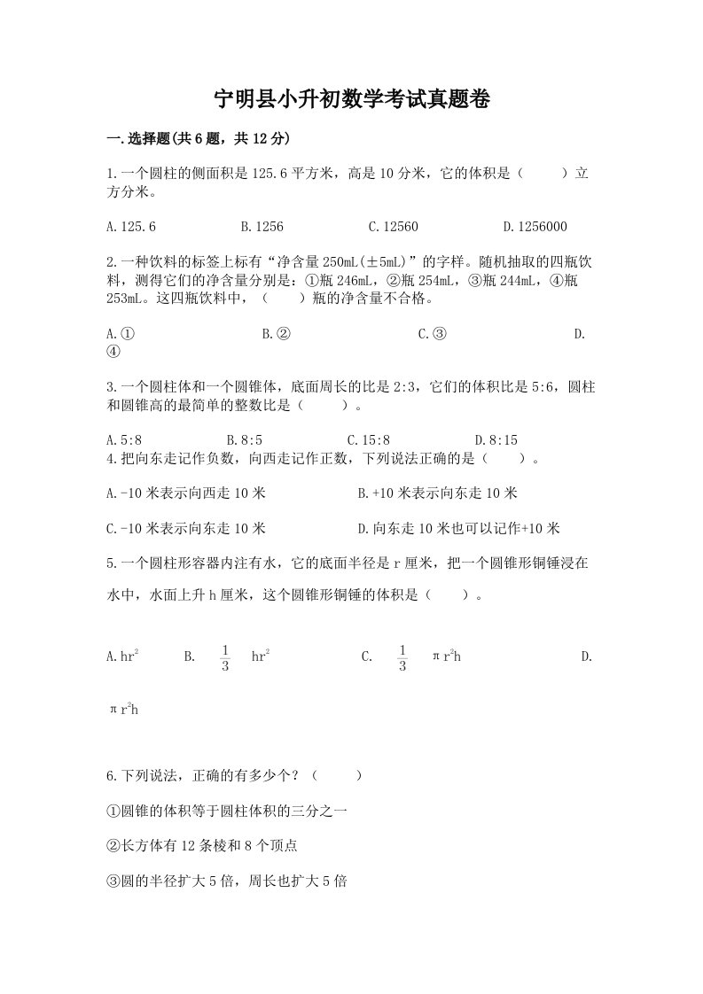 宁明县小升初数学考试真题卷新版