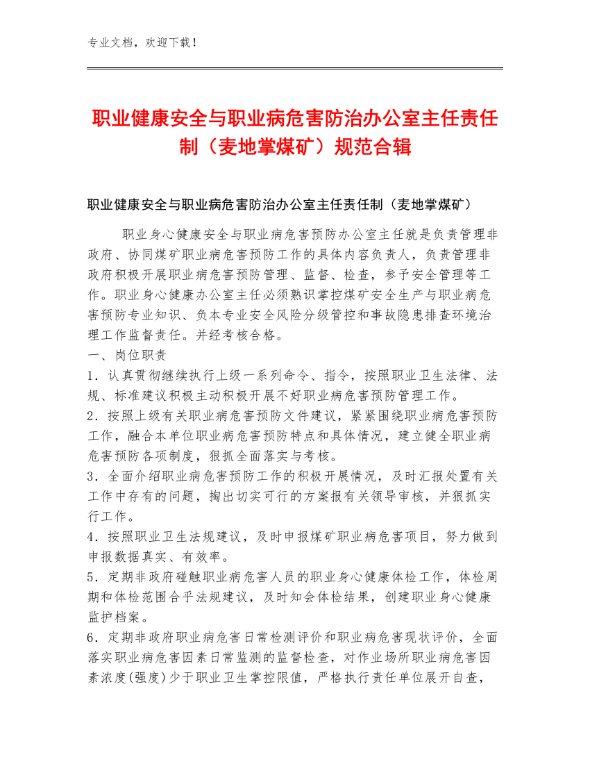 职业健康安全与职业病危害防治办公室主任责任制（麦地掌煤矿）规范合辑