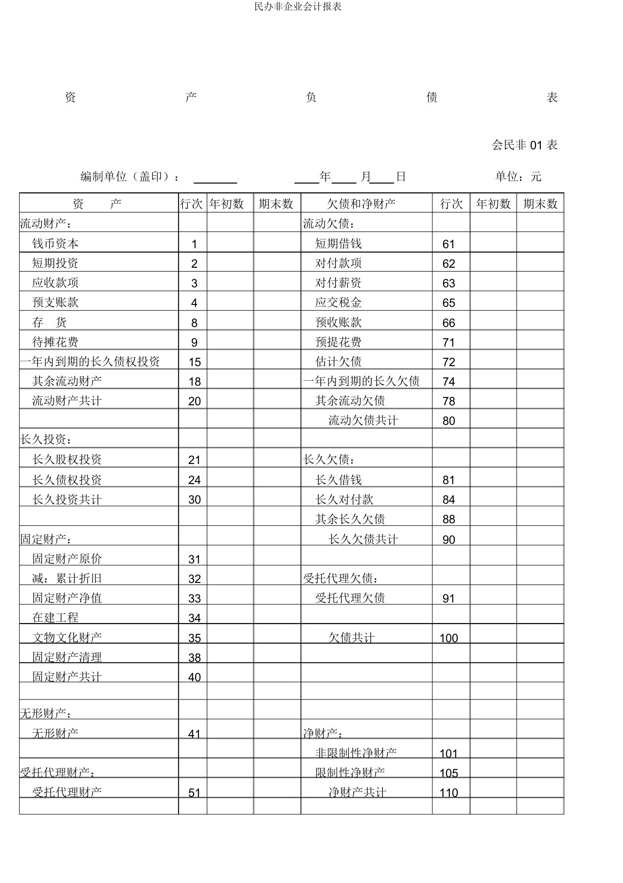 民办非企业会计报表